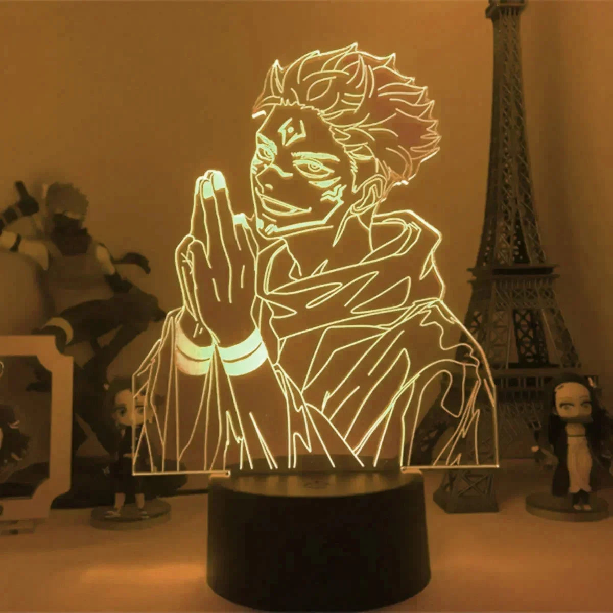Lampe LED Jujutsu Kaisen : avec silhouette Sukuna mains jointes, effet lumineux, base noire