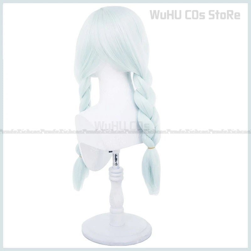Perruque cosplay bleu clair tressée, coupe longue, vue de profil sur mannequin