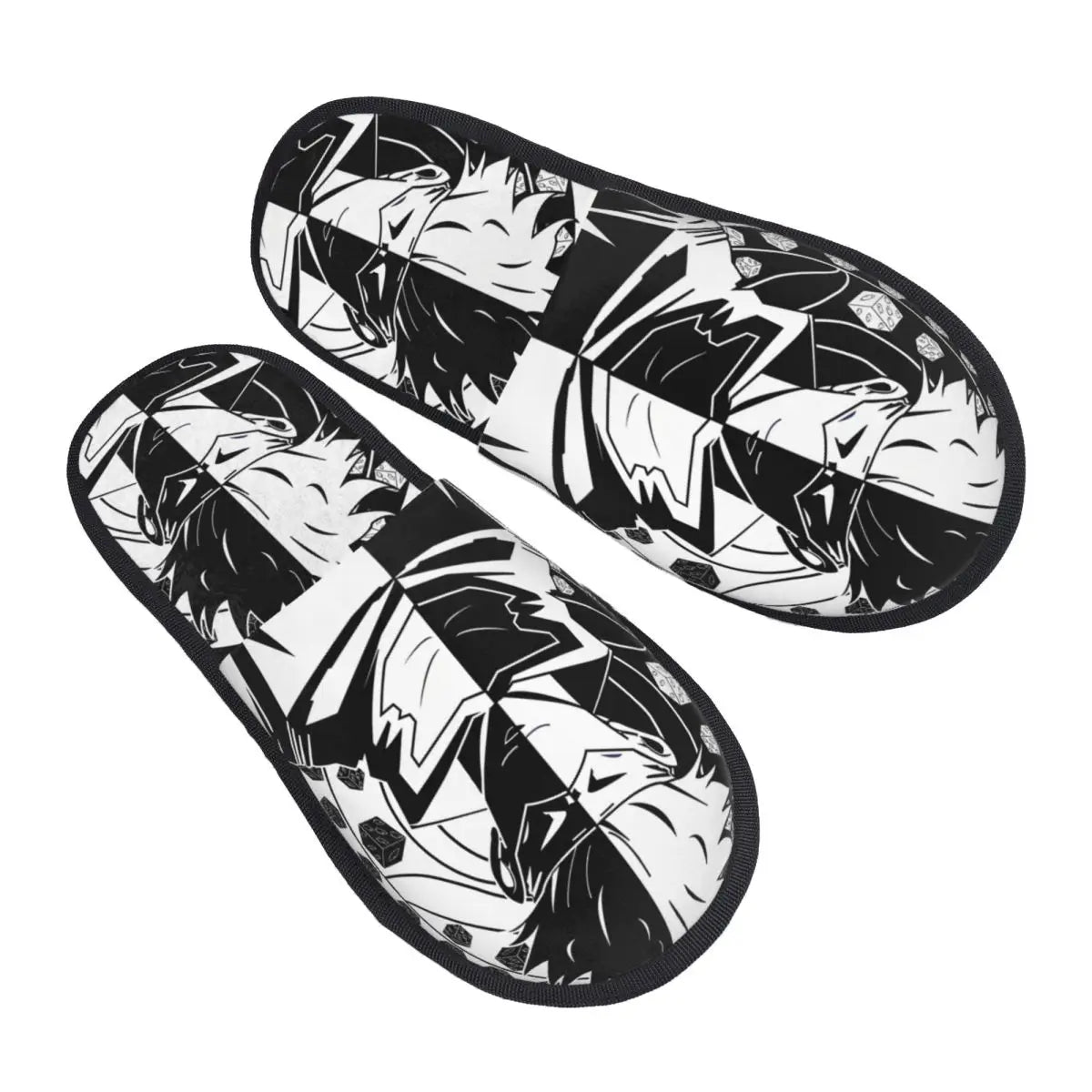 Chaussons Jujutsu Kaisen noir et blanc géométrique, imprimé portraits stylisés
