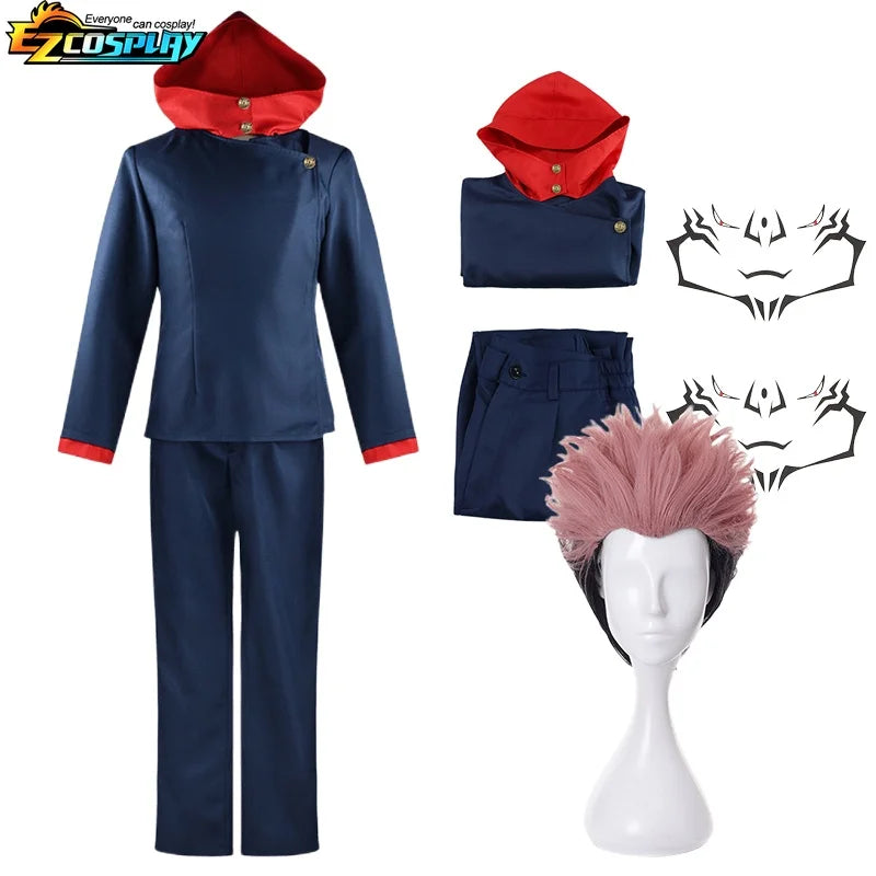 Ensemble costume cosplay homme: veste bleu marine capuche rouge, pantalon bleu, perruque