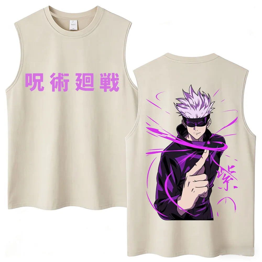 Débardeur Jujutsu Kaisen Gojo Ruban Violet Index : beige sans manches avec impression violette et personnage, col rond