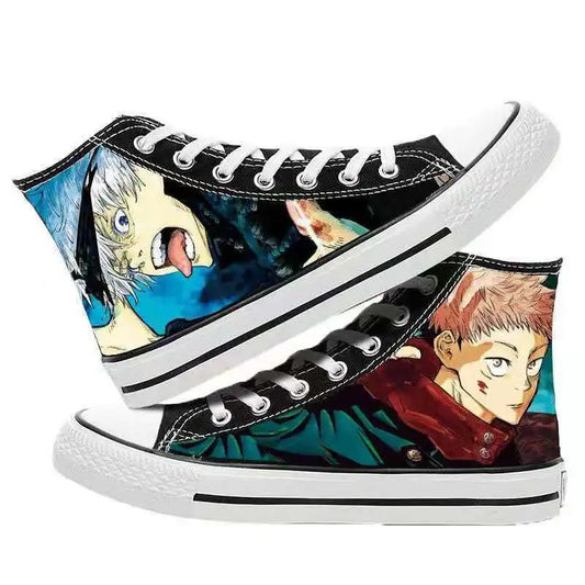 Baskets basses noires à lacets, imprimé anime bleu et rouge sur le côté