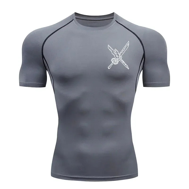 T-shirt de compression gris ardoise avec motif croix d’épées blanches et liserés contrastés