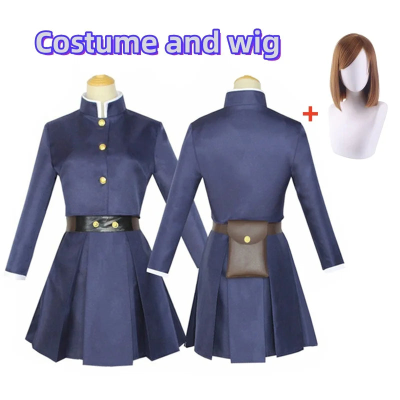 Costume cosplay avec perruque : veste bleu marine à boutons dorés et jupe plissée