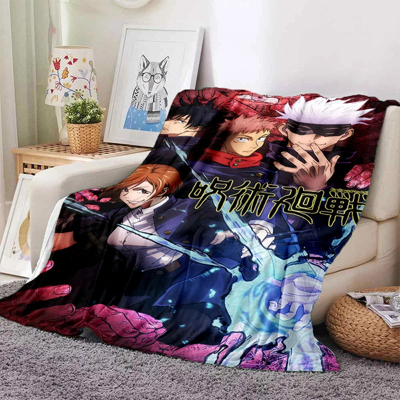 Plaid en polyester à motif manga, personnages Jujutsu, fond noir rouge et bleu