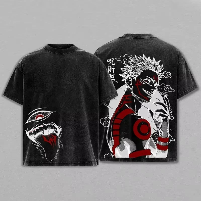 T-shirt noir à manches courtes, grand visuel Sukuna au dos et petit logo devant