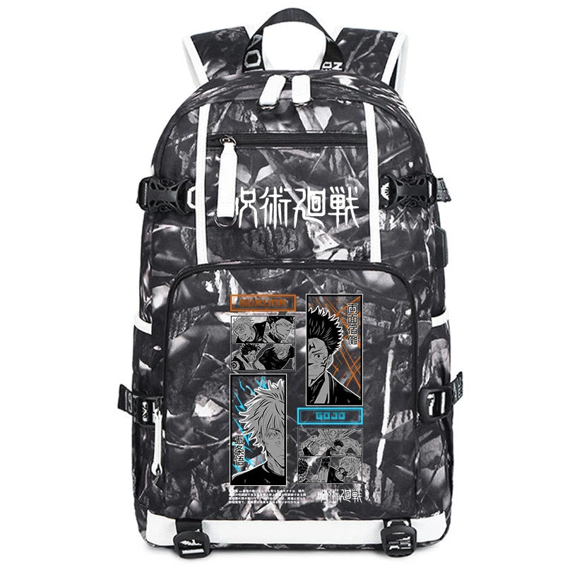 Sac à dos noir brillant, bretelles blanches, poche frontale zippée à panneaux illustrés