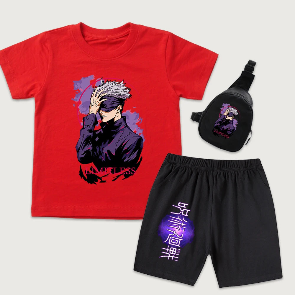 Ensemble enfant : t-shirt rouge manches courtes et short noir à imprimé, avec sac noir.