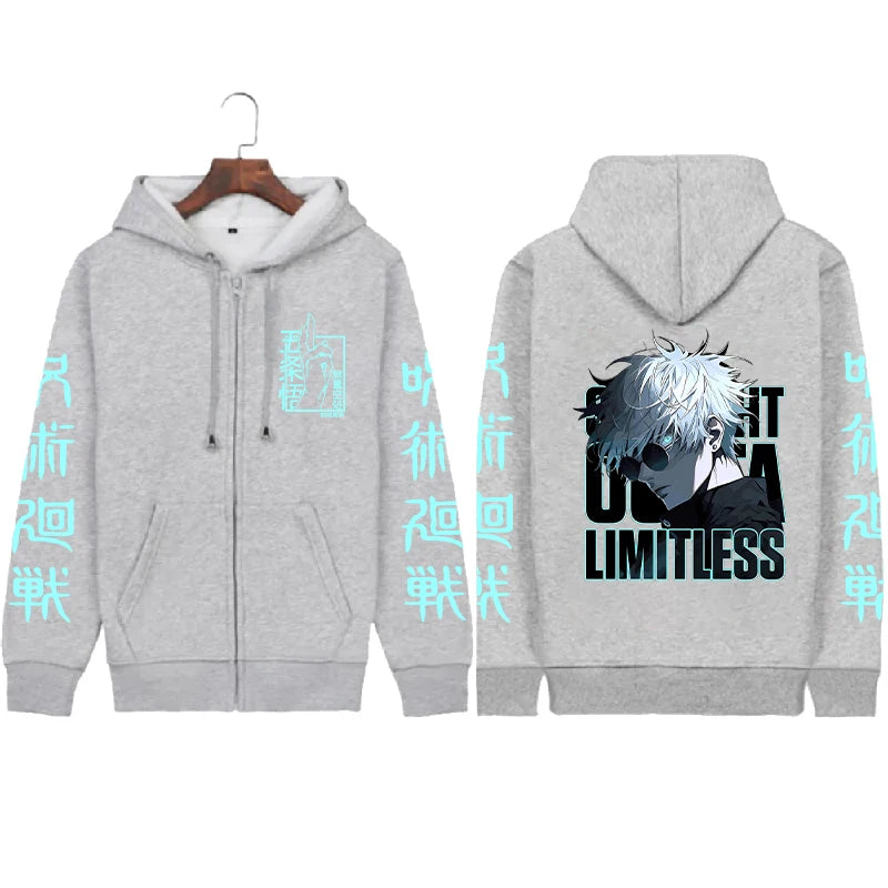 Veste à capuche zippée grise, « LIMITLESS » et graphismes turquoise sur le devant