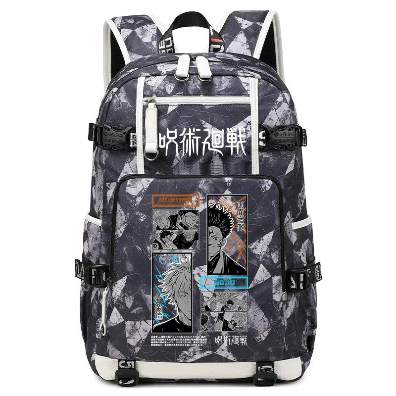 Sac à dos noir et gris à motif blanc, poches zippées et bretelles réglables noires.