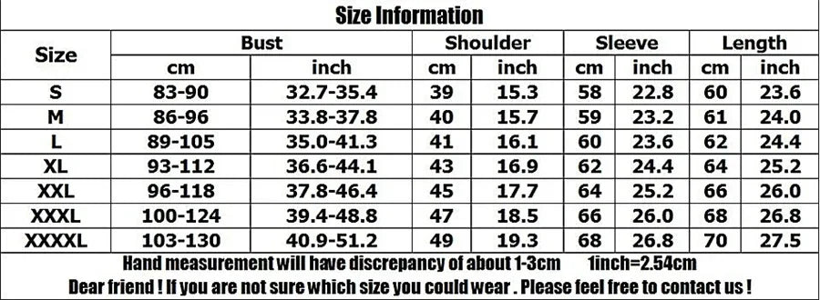 Size chart listing bust, shoulder, sleeve, and length for S–XXXL/XXXXL