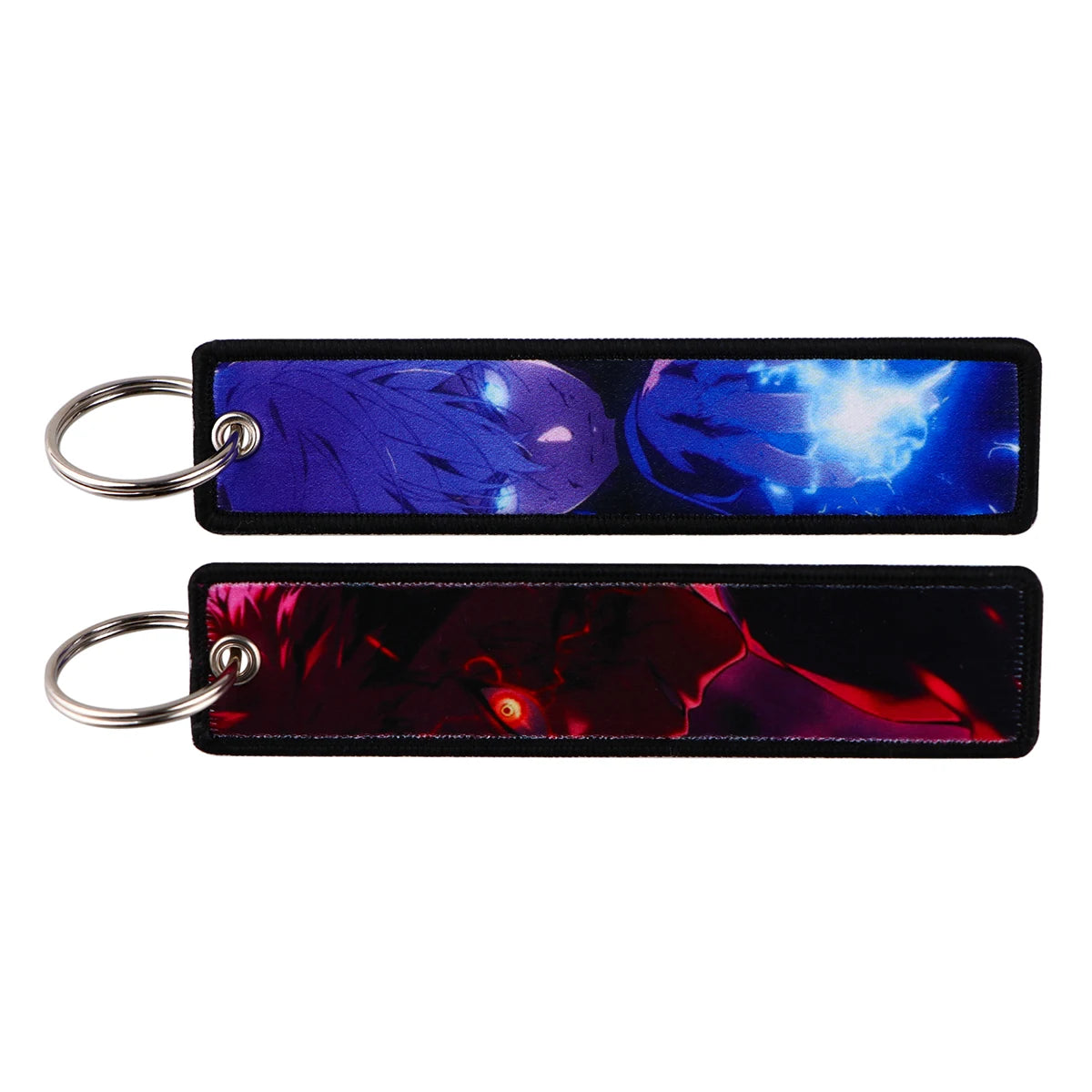 Porte-clés Jujutsu Kaisen Gojo x Sukuna : deux lanières bleu et rouge avec anneaux.