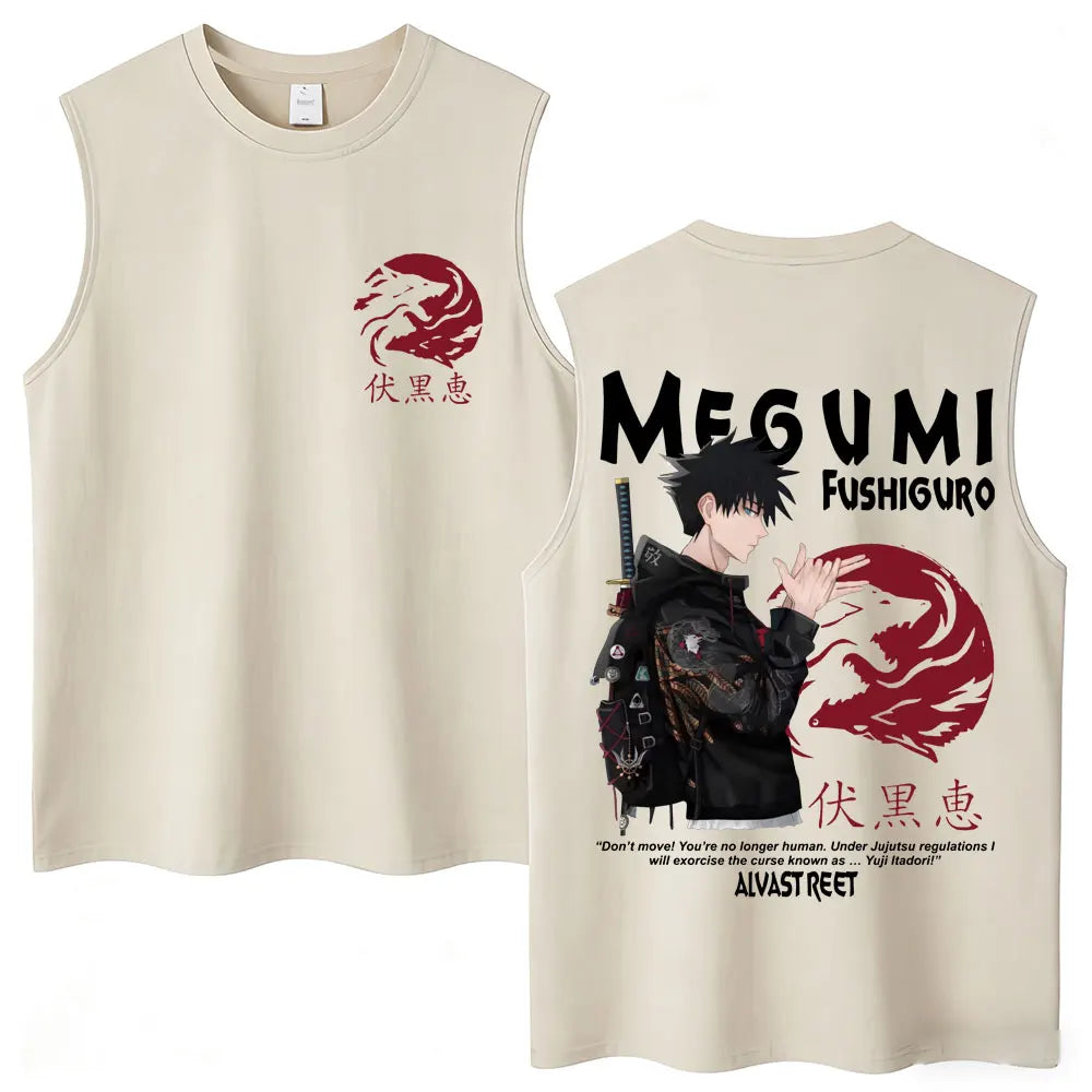 Débardeur Jujutsu Kaisen Megumi Dragon Rouge Katana : beige avec grand visuel noir et rouge au dos, personnage Megumi