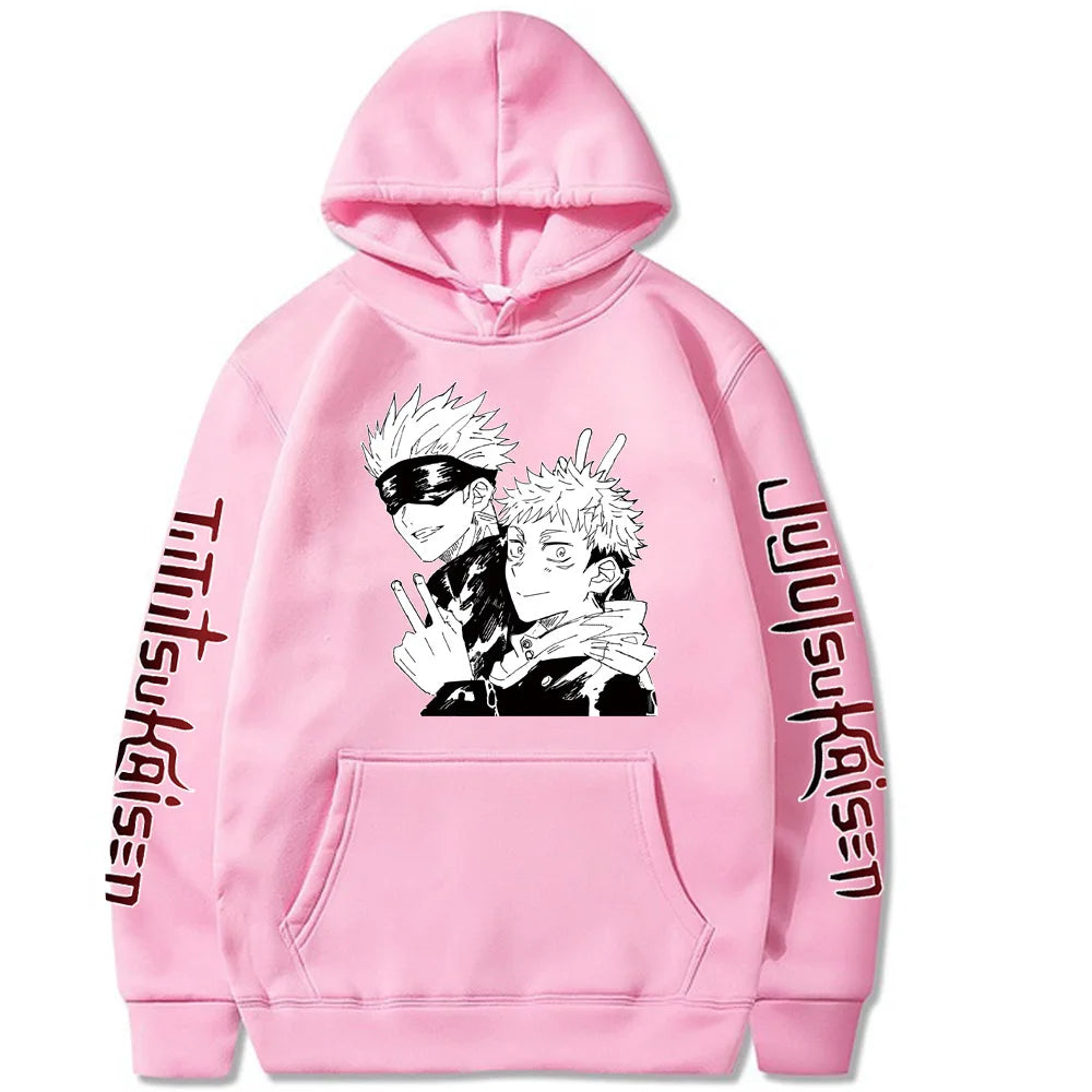 Pink pullover hoodie with two-character front artwork and long vertical black sleeve text.