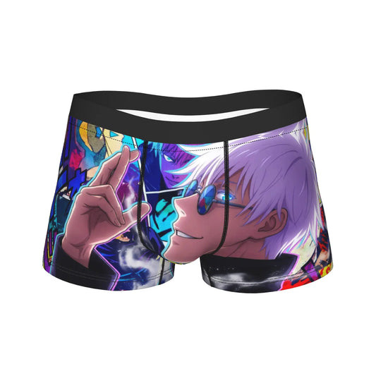 Boxer sombre à imprimé manga coloré, motif Satoru Gojo et symbole, ceinture noire