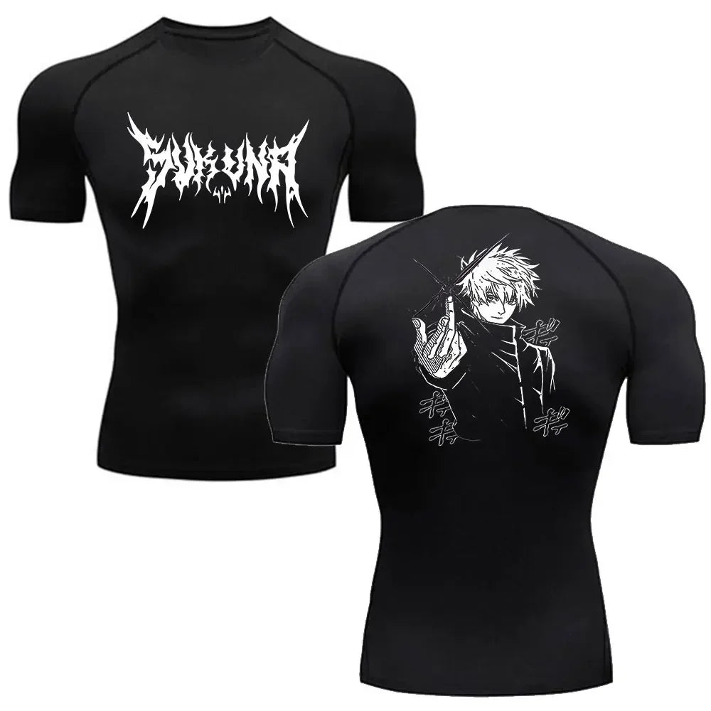 T-shirt compression noir avec imprimé graphique blanc Sukuna et Gojo, manches courtes