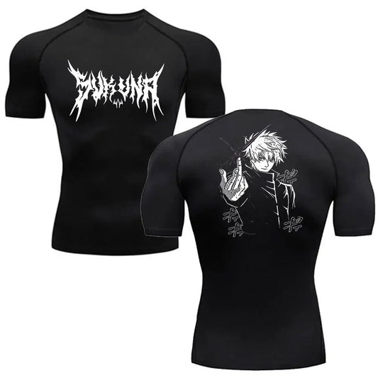 T-shirt compression noir avec imprimé graphique blanc Sukuna et Gojo, manches courtes