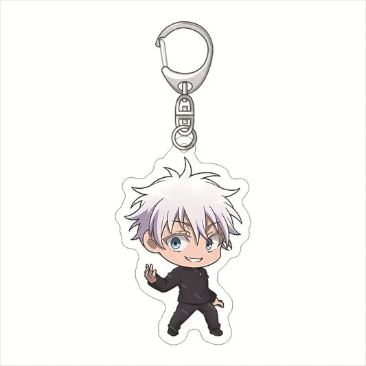 Porte-clés Satoru Gojo chibi, cheveux blancs, tenue noire, clip anneau