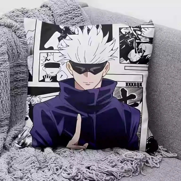 Coussin Jujutsu Kaisen Gojo Bandeau Planches Blanches : housse de coussin carré Gojo bandeau, illustration noir et blanc sur fond violet