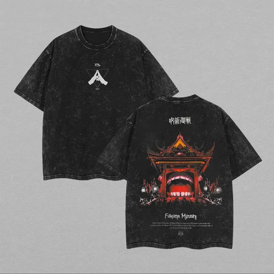 T-shirt noir à imprimé démoniaque au dos et petit motif sur la poitrine