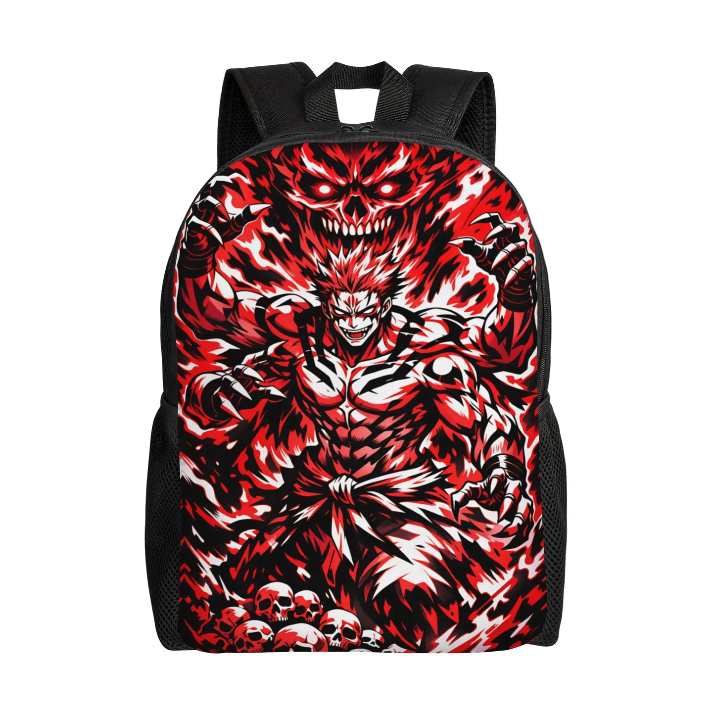 Sac à dos noir avec grand visuel rouge et blanc, bretelles rembourrées