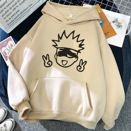 Veste à capuche beige avec grand motif noir et poche kangourou