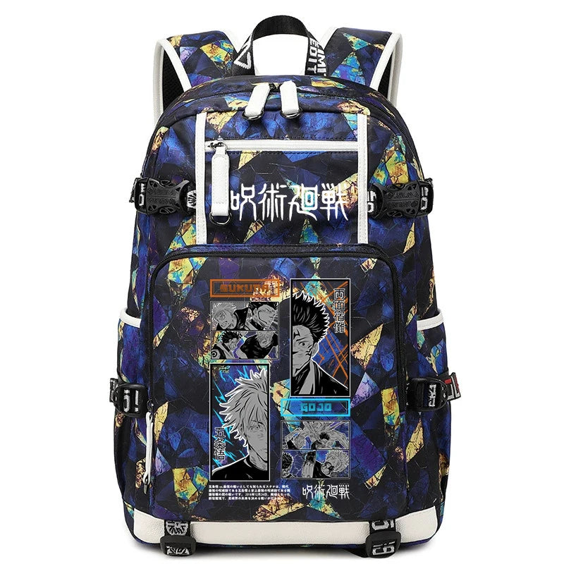 Sac à dos bleu foncé avec poches frontales et panneaux graphiques multicolores, bretelles noires.