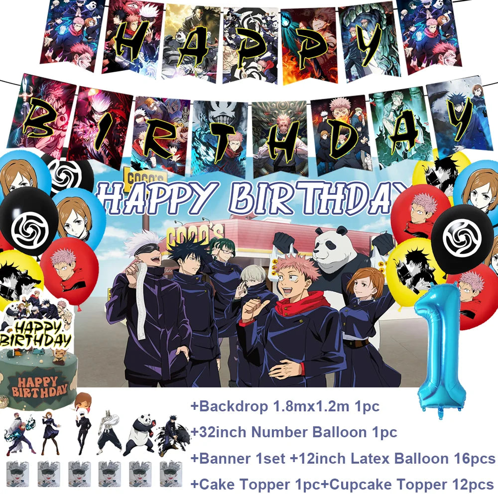 Décoration d’anniversaire Jujutsu Kaisen avec grand ballon en chiffre et guirlande “Happy Birthday”