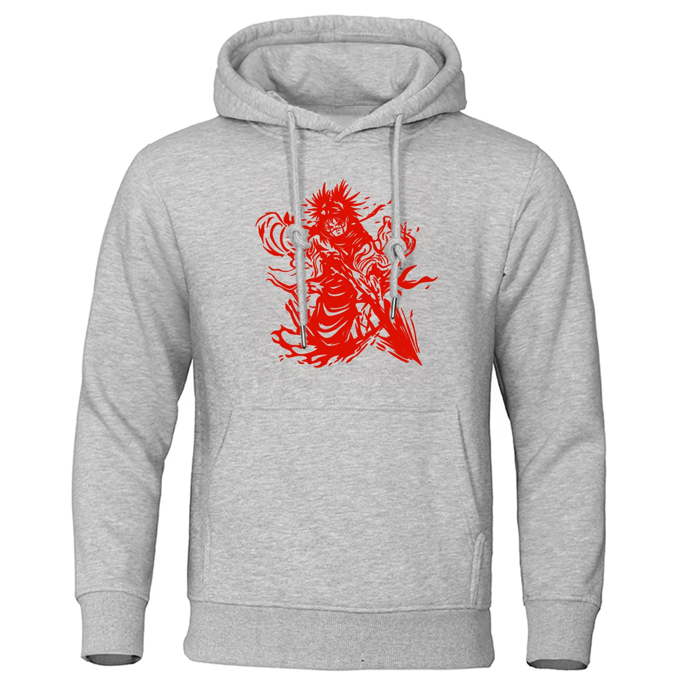 Sweat à capuche gris clair avec grand motif rouge au centre et capuche à cordon.