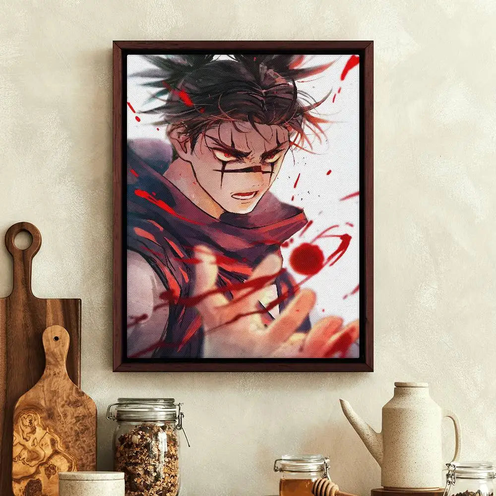 Poster Jujutsu Kaisen Choso Éclaboussures de Sang : affiche encadrée style anime : personnage aux cheveux noirs, éclaboussures rouges et