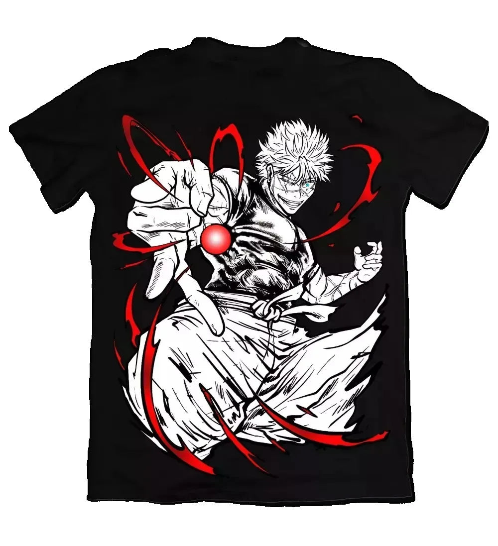 T-shirt Jujutsu Kaisen Gojo Sphère Rouge : noir avec grand visuel rouge et blanc d’un personnage de Jujutsu Kaisen