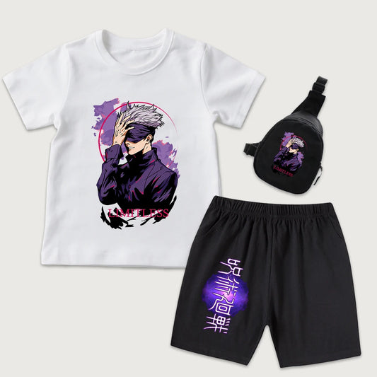 Ensemble enfant : t-shirt blanc manches courtes et short noir à imprimé, avec sac noir.