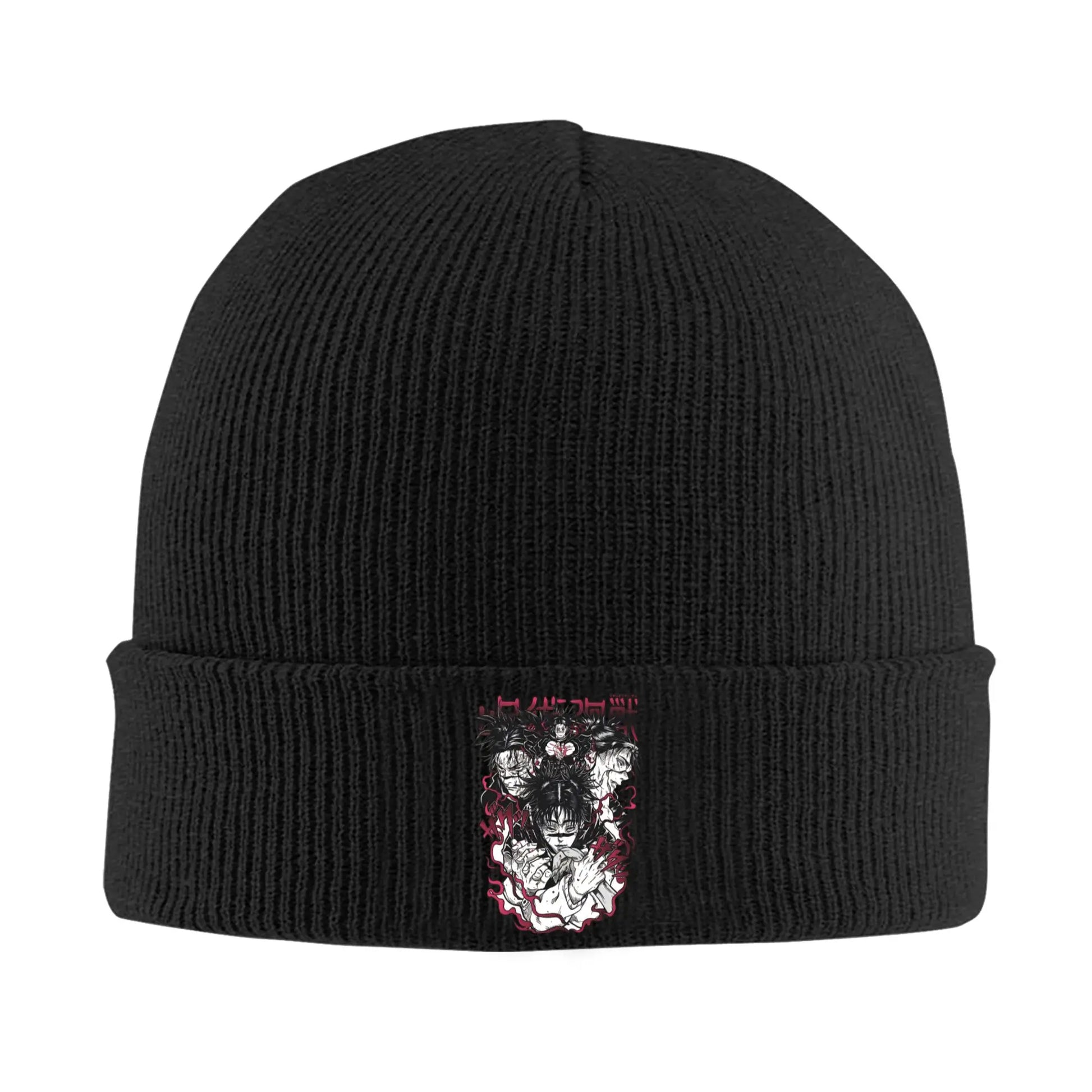 Bonnet en maille noire Jujutsu Kaisen, patch Choso au revers côtelé
