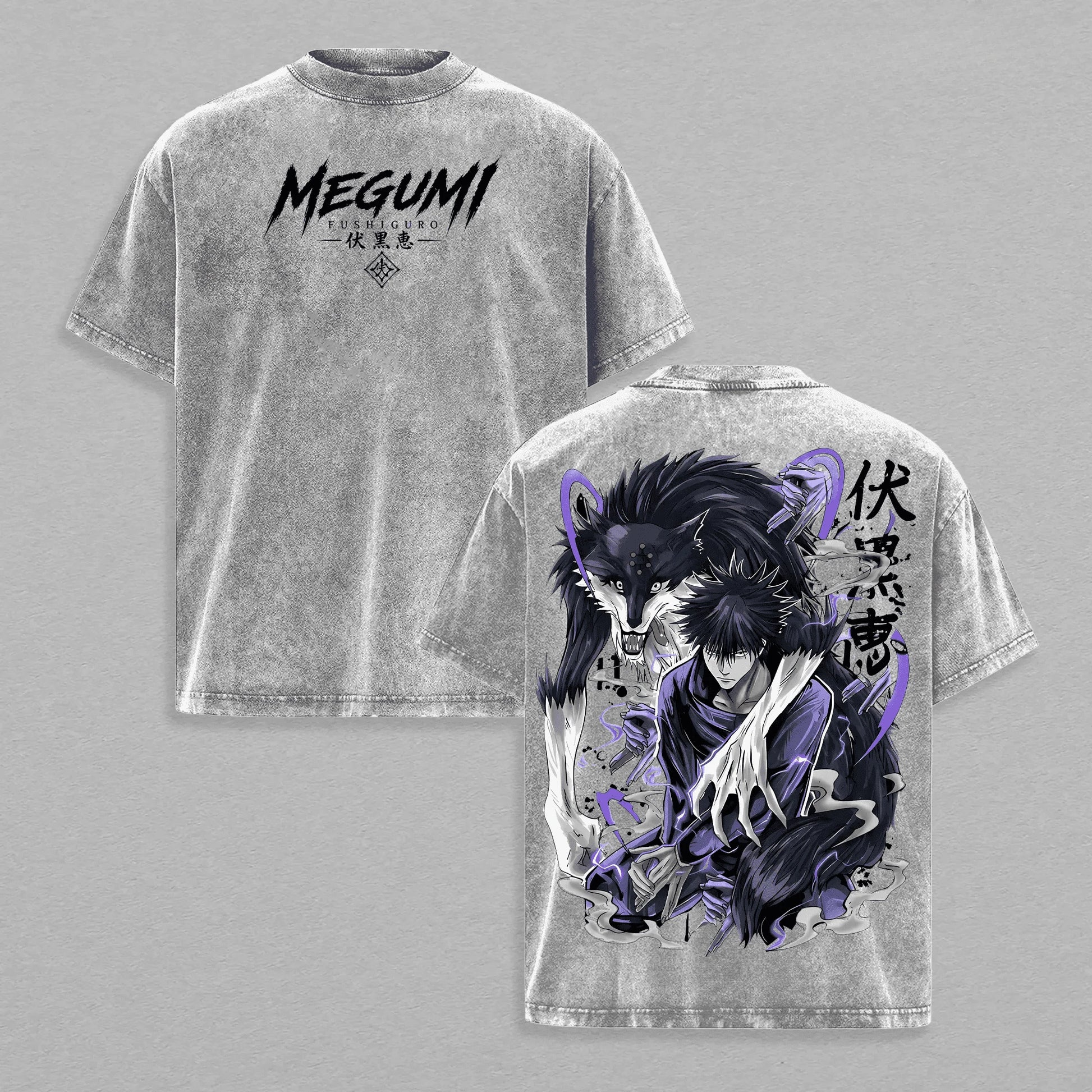 T-shirt gris clair col rond, imprimé MEGUMI devant et illustration au dos.