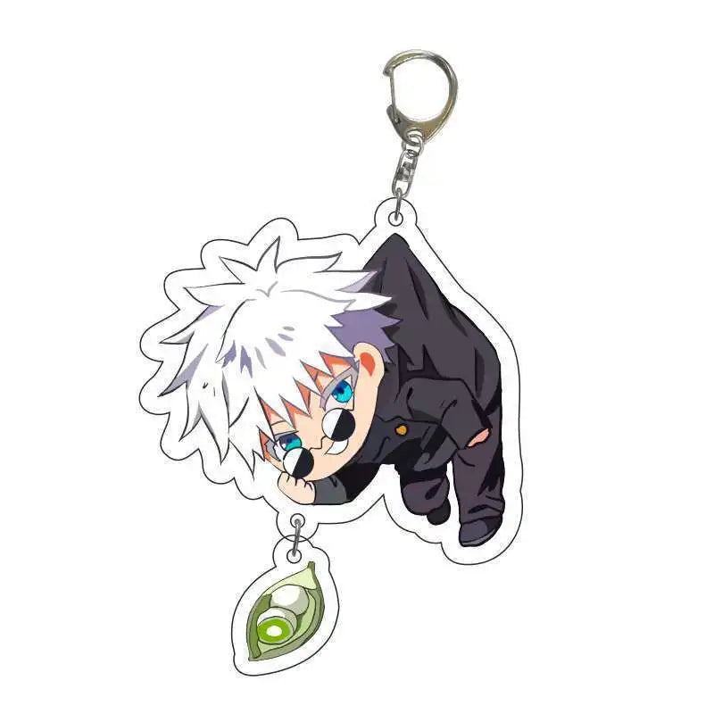 Porte-clés personnage aux cheveux blancs et yeux bleus, pendentif œil vert.