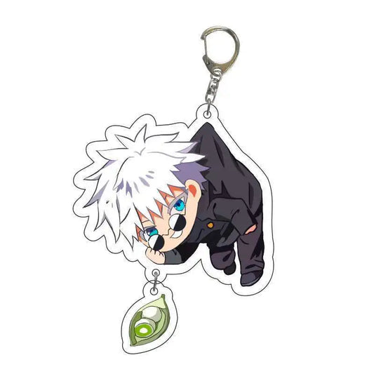 Porte-clés personnage aux cheveux blancs et yeux bleus, pendentif œil vert.