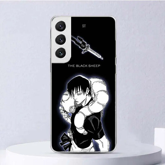 Coque Samsung Jujutsu Kaisen Toji Mouton Noir : noire avec illustration d’anime Jujutsu Kaisen et personnage au casque