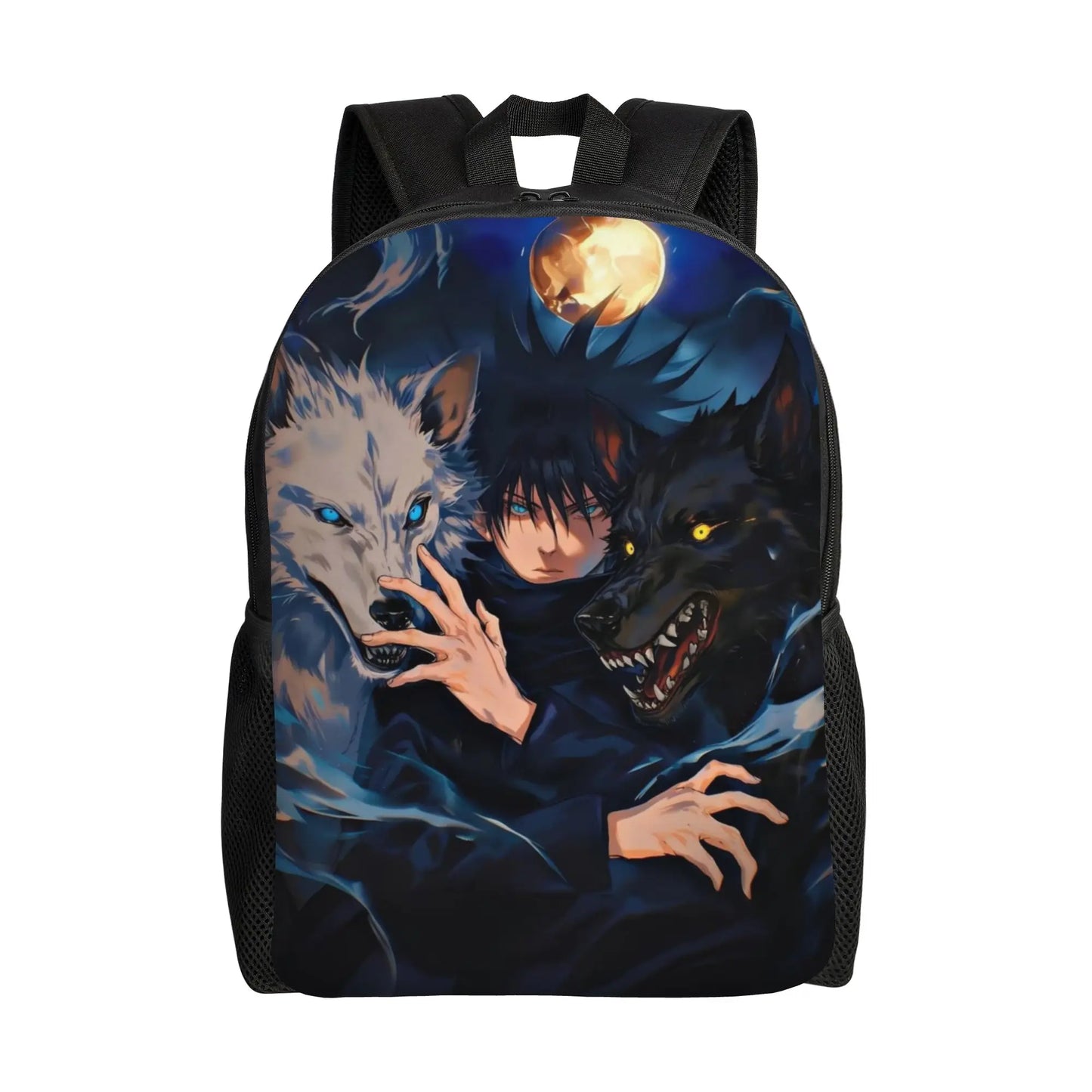 Sac à dos noir avec grand visuel anime sur le devant, bretelles rembourrées.