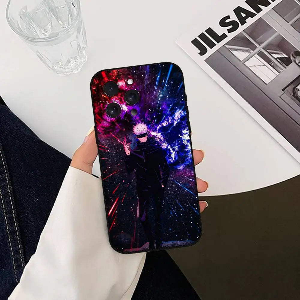 Coque iPhone Jujutsu Kaisen avec Gojo Satoru, rouge/violet/bleu, finition brillante
