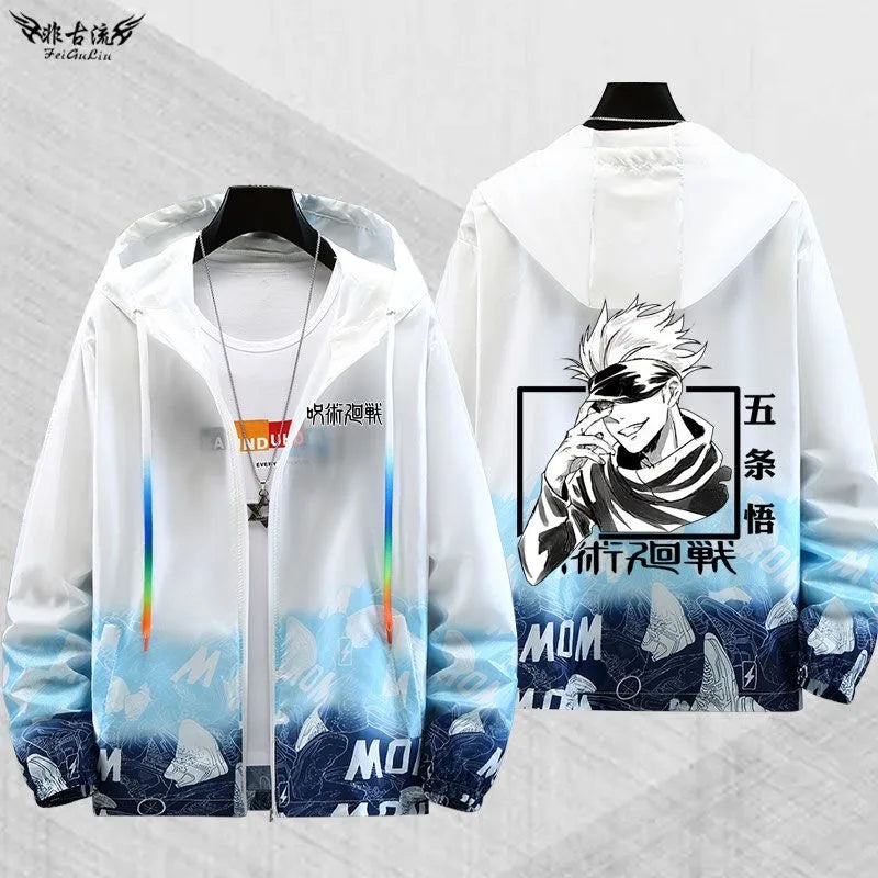 Veste à capuche zippée blanche, imprimé Gojo sur le devant et le dos, bleu.