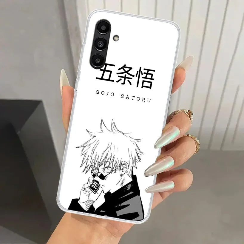 Coque Samsung Jujutsu Kaisen Gojo Trait Blanc : blanche avec dessin en noir de Gojo Satoru et texte japonais