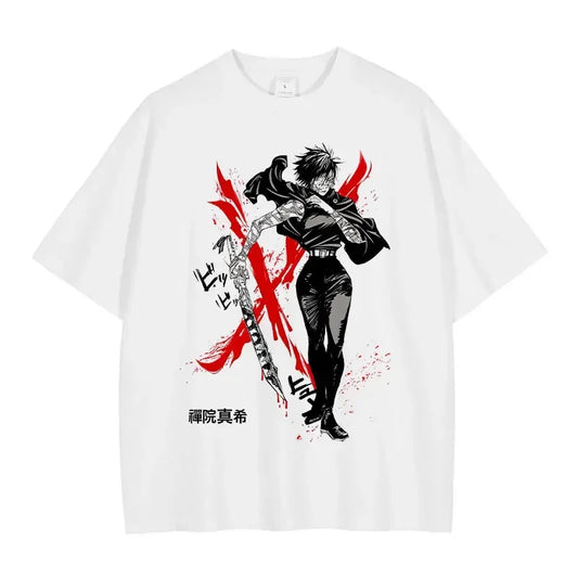 T-shirt blanc à imprimé Jujutsu Kaisen Maki Clan Zenin Aura, col rond manches courtes
