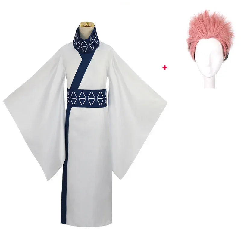 Ensemble kimono cosplay blanc avec col bleu marine et perruque rose