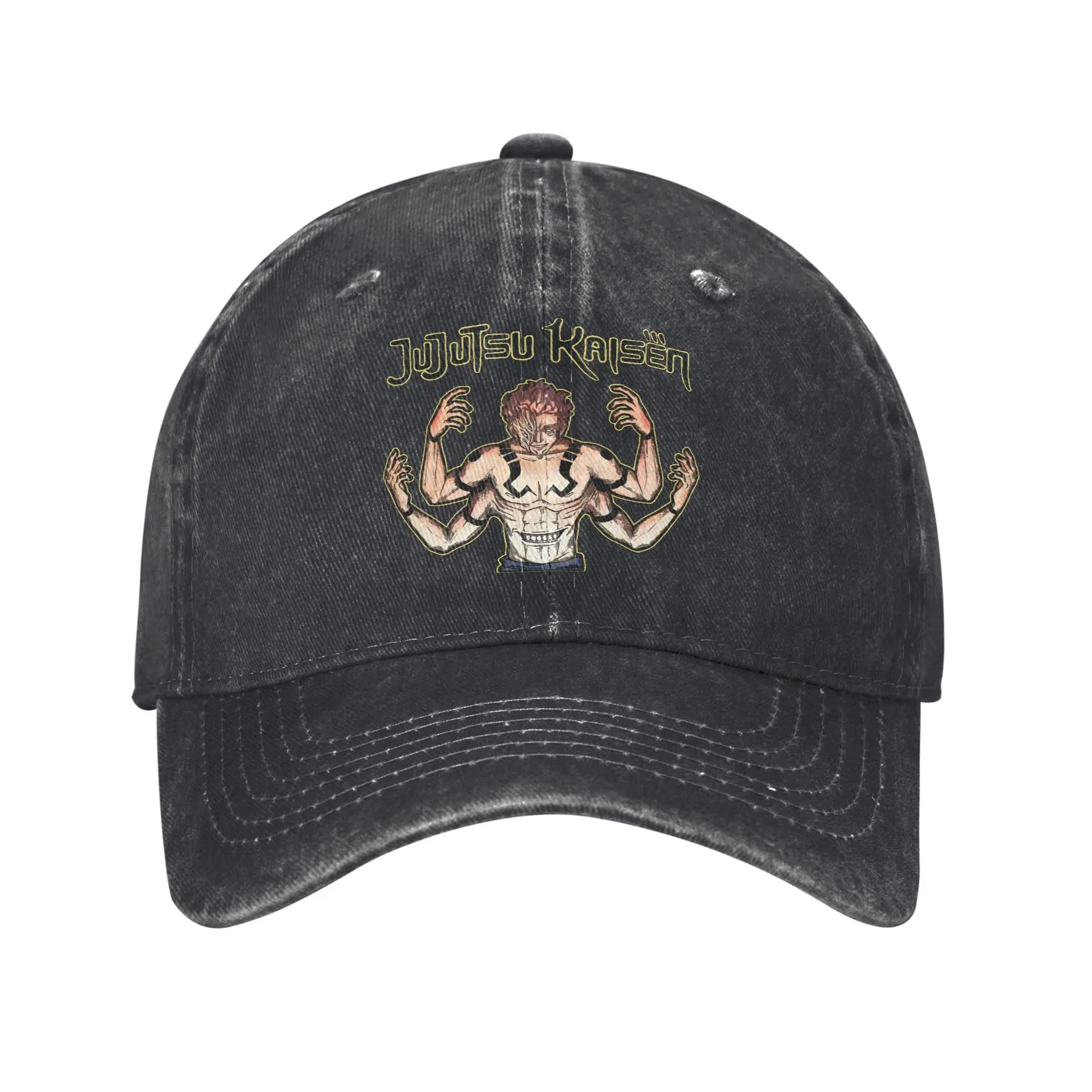 Casquette noire avec broderie Jujutsu Kaisen et personnage aux quatre bras.