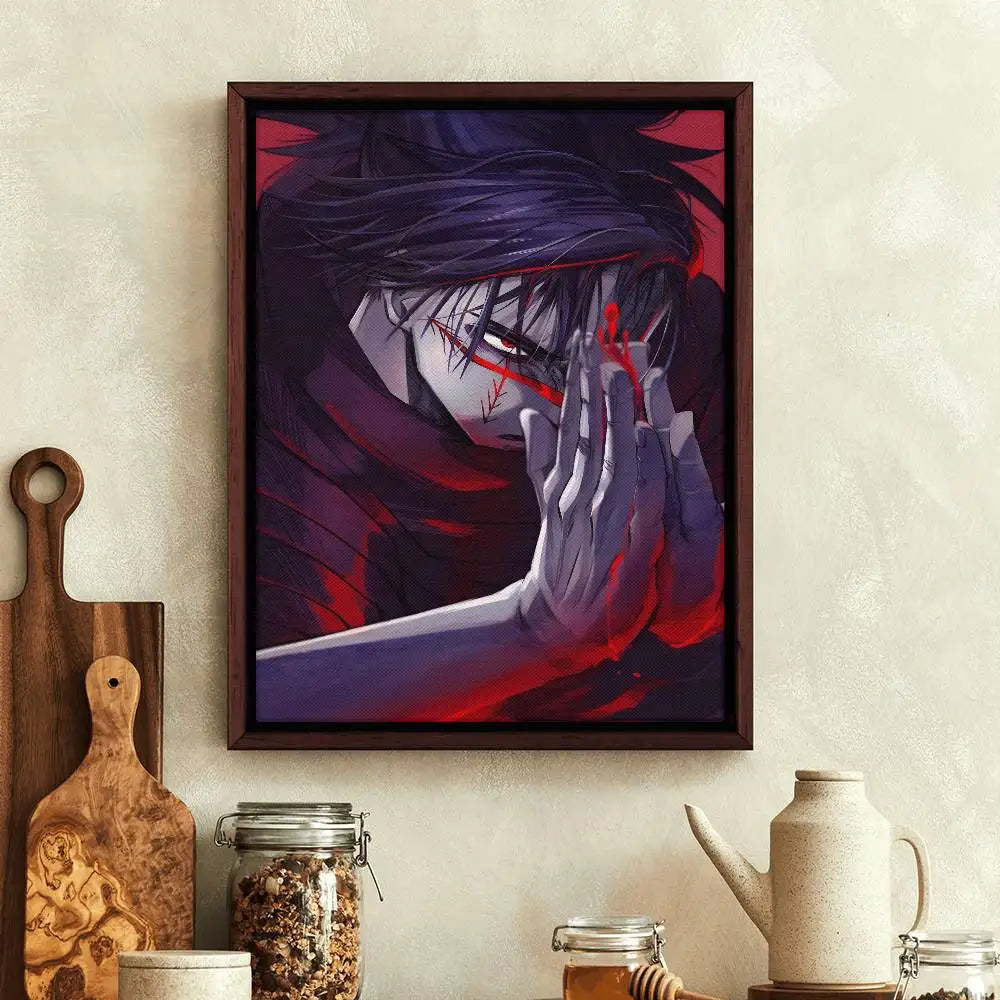 Poster Jujutsu Kaisen Choso Larme Violette : affiche anime Choso aux larmes violettes, mains jointes, fond sombre rouge et violet