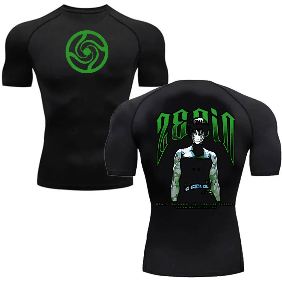 T-shirt de compression noir à manches courtes, logo vert Zenin Maki à l’avant