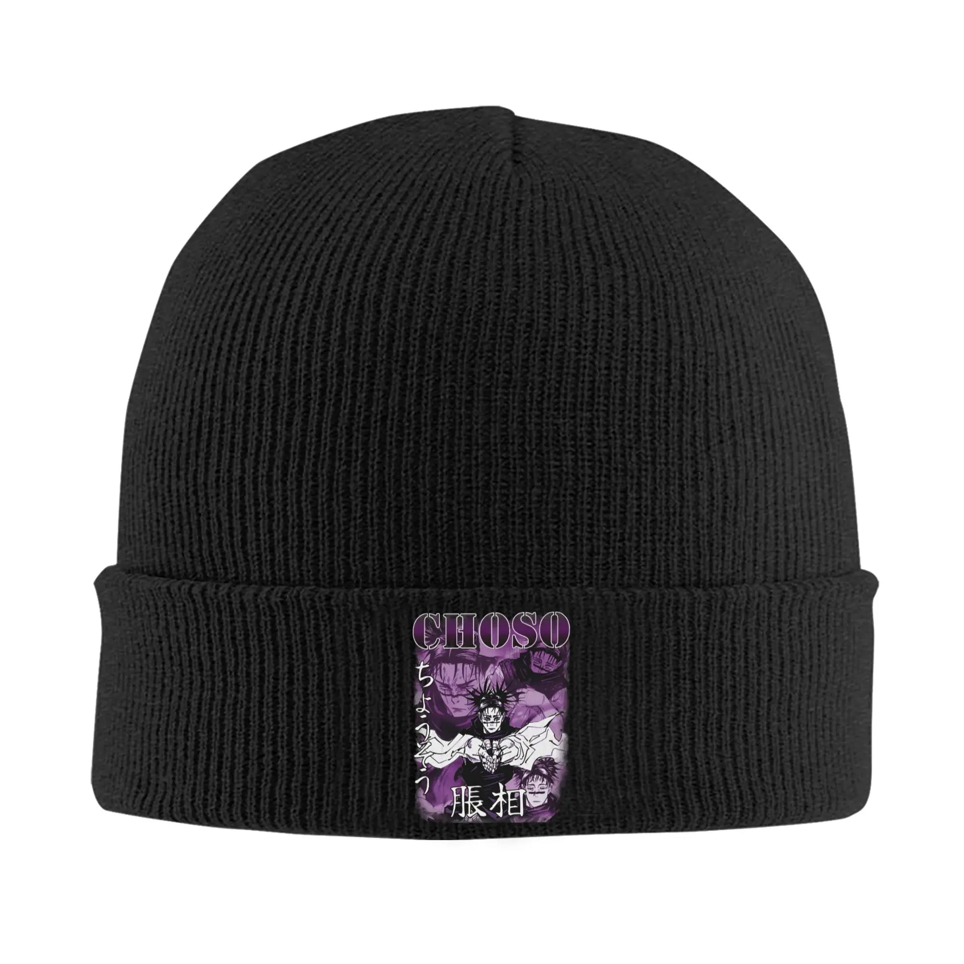 Bonnet Jujutsu Kaisen Choso Affiche Violette : tricot noir avec appliqué violet Choso