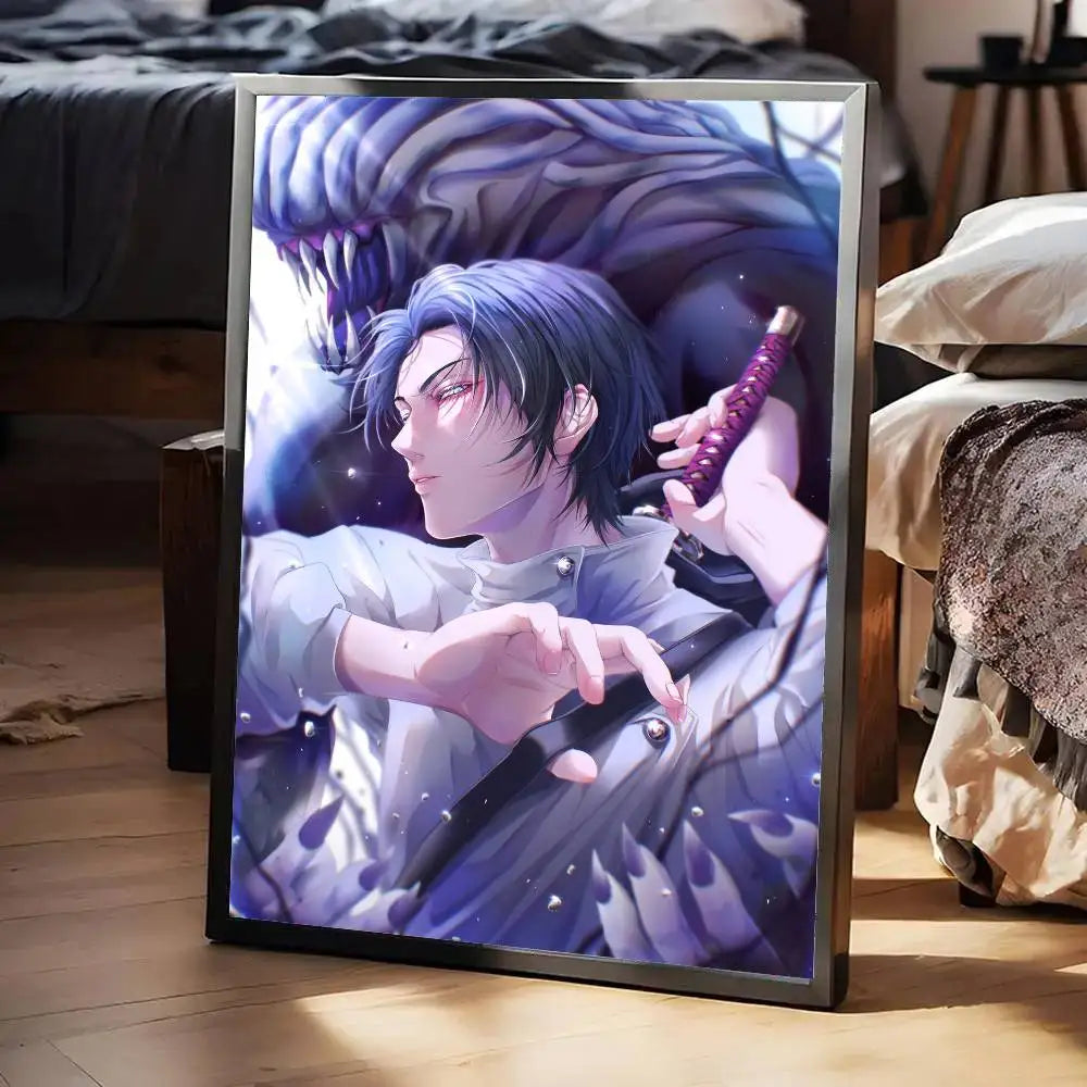 Poster Jujutsu Kaisen Yuta x Rika Ombre Bleue : affiche encadrée avec illustration anime cheveux bleus, personnage de profil, ombres