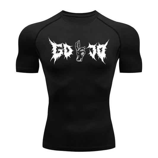T-shirt compressif noir manches courtes, imprimé graphique blanc au buste.