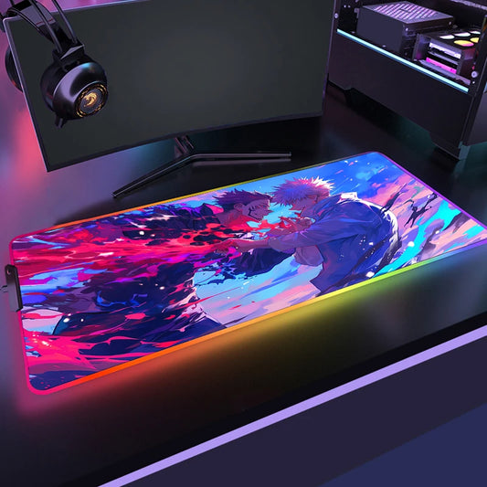Tapis de souris RGB noir, illustration Sukuna et Gojo, lumière multicolore